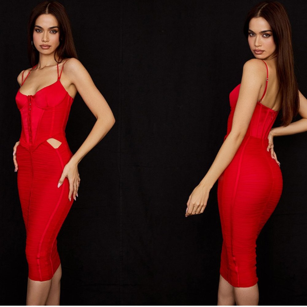 HOUSE OF CB 'Maya' Scarlet Ruched Midi Dress NWOT - Picture 6 of 6
